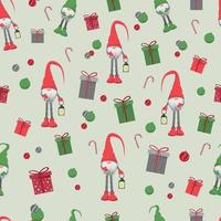 Merry Christmas seamless pattern in traditional colors with vector hand drawn christmas gnomes illustration.