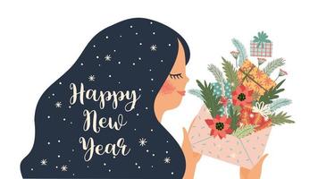 Christmas and Happy New Year isolated illustration with cute woman. Vector design template.