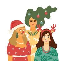 navidad y feliz año nuevo ilustración aislada con personas en disfraces de carnaval. plantilla de diseño vectorial. vector