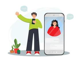 Young woman and man using mobile app for messaging each other, chatting online in messenger app concept, online dating concept, flat vector illustration