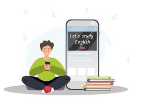 Learning English online, happy young man, student studies English language at the mobile app, language courses online, online language translator, flat vector illustration