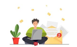 Happy young man sending or receiving e-mail with laptop, man sitting near large envelope, e-mail service, e-mail marketing, communication concept, flat vector illustration