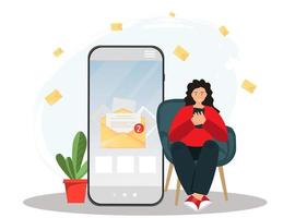 Happy young woman sending or receiving e-mail with smartphone, e-mail service, e-mail marketing, communication concept, flat vector illustration