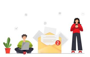 Happy young man and woman sending or receiving e-mail with smartphone, man standing near large envelope, e-mail service, e-mail marketing, communication concept, flat vector illustration