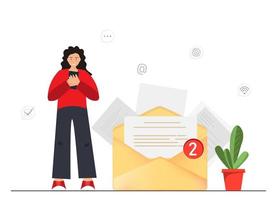 Happy young woman sending or receiving e-mail with smartphone, man standing near large envelope, e-mail service, e-mail marketing, communication concept, flat vector illustration