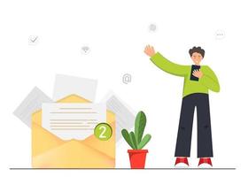 Happy young man sending or receiving e-mail with smartphone, man standing near large envelope, e-mail service, e-mail marketing, communication concept, flat vector illustration