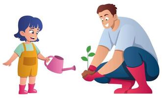 Father and Daughter Planting Tree on White vector