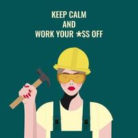 A working girl in a yellow hard hat and in a green jumpsuit with a hammer in her hand vector