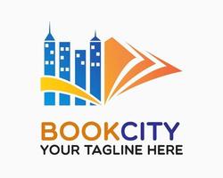 plantilla de diseño del logotipo de la ciudad del libro. vector de ilustración de libro de papel y edificio