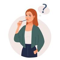 A thoughtful girl with a question. Puzzled business woman doubting, deciding, setting priorities. Flat vector illustration isolated on white background