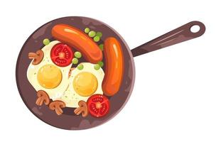 Frying pan with eggs and sausages. Traditional breakfast. Healthy homemade food. Cartoon vector illustration isolated on a white background