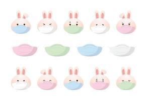 Cute rabbit character or mascot with various expressions, medical mask with virus and protection, health and lifestyle, vector cartoon style