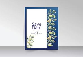 Pink wild flowers with green leaves and blue background save the date card vector