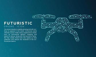 Blue futuristic drone icon concept with polygon node connected dots and neon effect vector