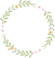 watercolor botanical hand drawing leafs wreath with tiny pink and yellow flowers png