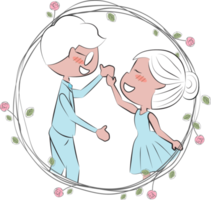 Valentine couple in doodle rose wreath frame png