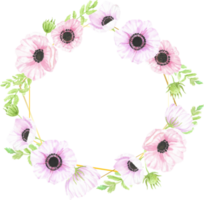corona de ramo de flores de anémona dibujada a mano con acuarela con marco geométrico dorado para banner png