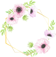 watercolor hand drawn anemone flower bouquet wreath with gold geometric frame for banner png