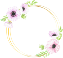 watercolor hand drawn anemone flower bouquet wreath with gold geometric frame for banner png