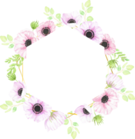 watercolor hand drawn anemone flower bouquet wreath with gold geometric frame png