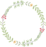 watercolor botanical hand drawing leafs wreath with tiny pink and yellow flowers png