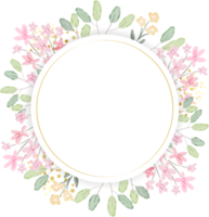 aquarell botanische handzeichnung blätter kranz mit kleinen rosa und gelben blumen golden png