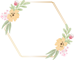 marco dorado geométrico con flor amarilla decorativa de acuarela png