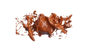 Schokoladenspritzer mit Tröpfchen 3D-Rendering. png alpha. 3D-Darstellung.
