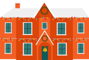 The house is brown with high windows. Decorated for Christmas. png