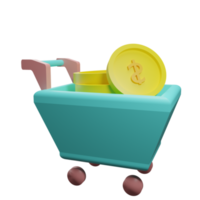 Shopping chart with coins 3D Illustration png