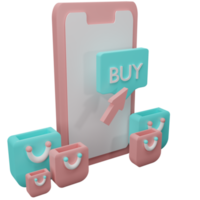 Conceito de ilustração 3D de compras online no aplicativo de mídia social. smartphone com sacola de compras, carrinho, presente. png