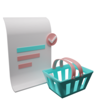 lista de compras con cesta de compras ilustración 3d png