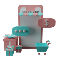 3D-Illustrationskonzept des Online-Shoppings in der Social-Media-App. smartphone mit einkaufstasche, warenkorb, geschenk. png