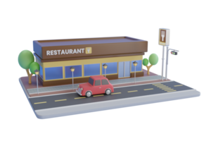 Ilustración 3D de restaurante. Representación 3D de un restaurante de comida rápida sobre fondo azul. representación 3d png