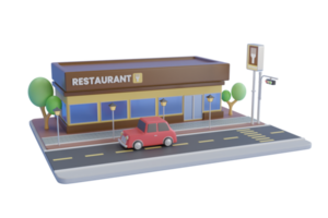 3D-Darstellung des Restaurants. 3D-Darstellung eines Fast-Food-Restaurants auf blauem Hintergrund. 3D-Rendering png