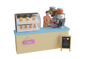 Ilustración 3d de un exitoso dueño de una pequeña empresa de comida rápida y cafetería. banner de cafetería con taza de café realista en 3d en la plataforma. representación 3d