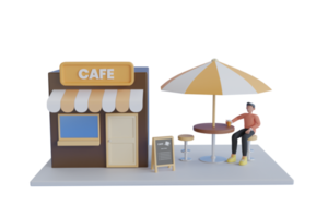 3D-Darstellung eines gemütlichen Cafés. Vorderansicht Café Shop. Café oder Kaffeehausgebäude. 3D-Rendering png