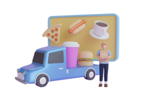 3d illustratie van voedsel vrachtwagen. heet hond snel voedsel auto. hamburger vrachtauto . pizza vrachtwagen. mobiel snel voedsel 3d renderen png