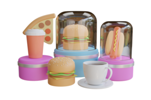 satz von realistischen 3d-render-fast-food-elementen. Nahrungsmittel und Getränke. pizzastück, burger, kaffeetasse, hot dog auf lila hintergrund. 3D-Rendering png