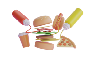 Ilustración 3d un arreglo de comida rápida como hamburguesa, un perro caliente, una pizza, un café sobre un fondo púrpura. conjunto de elementos de comida rápida de renderizado realista 3d. alimentos y bebidas.