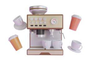 coffee machine. Coffee shop 3D render. digital illustration of a coffee maker. Front view of a brown coffee machine brewing espresso in two glasses. 3d rendering png