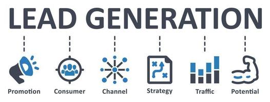 icono de generación de leads - ilustración vectorial . plomo, generación, promoción, consumidor, canal, estrategia, tráfico, potencial, infografía, plantilla, concepto, banner, pictograma, conjunto de iconos, iconos. vector