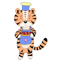 lindo tigre de dibujos animados con pastel, ilustración para acción de gracias png