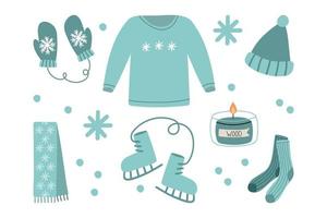 Hand drawn illustration of fashion scarf, sweater, mittens, boot and candle. Isolated element on white background. Winter clothes. vector