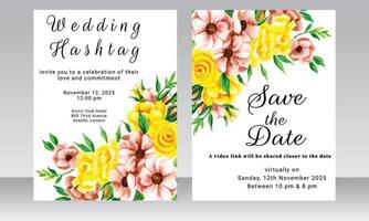 Beautiful blooming floral wedding invitation card set vector