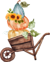 wheelbarrow with pumpkins and sunflower png