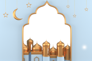 Ramadan Kareem Greeting elements background Islamic with decorative mosque , crescent moon and arch . png