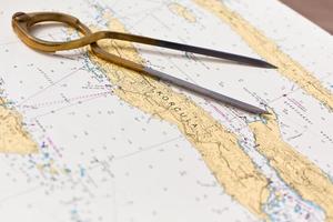 Par de brújulas para la navegación en un mapa del mar. foto