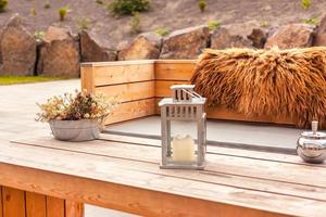 Outdoor restaurant terrace with wooden furniture photo