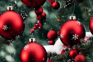 patrón sin costuras de adornos navideños rojos brillantes, globos, bombillas. nieve de invierno, estado de ánimo navideño. fondo, telón de fondo, fondo de pantalla. ilustración 3d foto